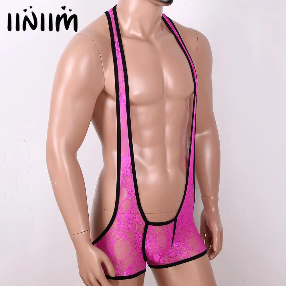 Mens See Through Sheer Lace Racer Back Front Jockstraps Bulge Pouch Open Butt Leotard Bodysuit Wrestling Singlet Underwear | Тематическая