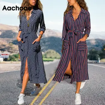 

2020 New Fashion Striped Lady Shirt Dress Long Sleeve Turn Down Collar Casual Dresses Pockets Bandage Elegant Midi Dress Robe