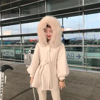 

winter new fur collar thick coat female long section lapel Korean temperament slim woolen coat