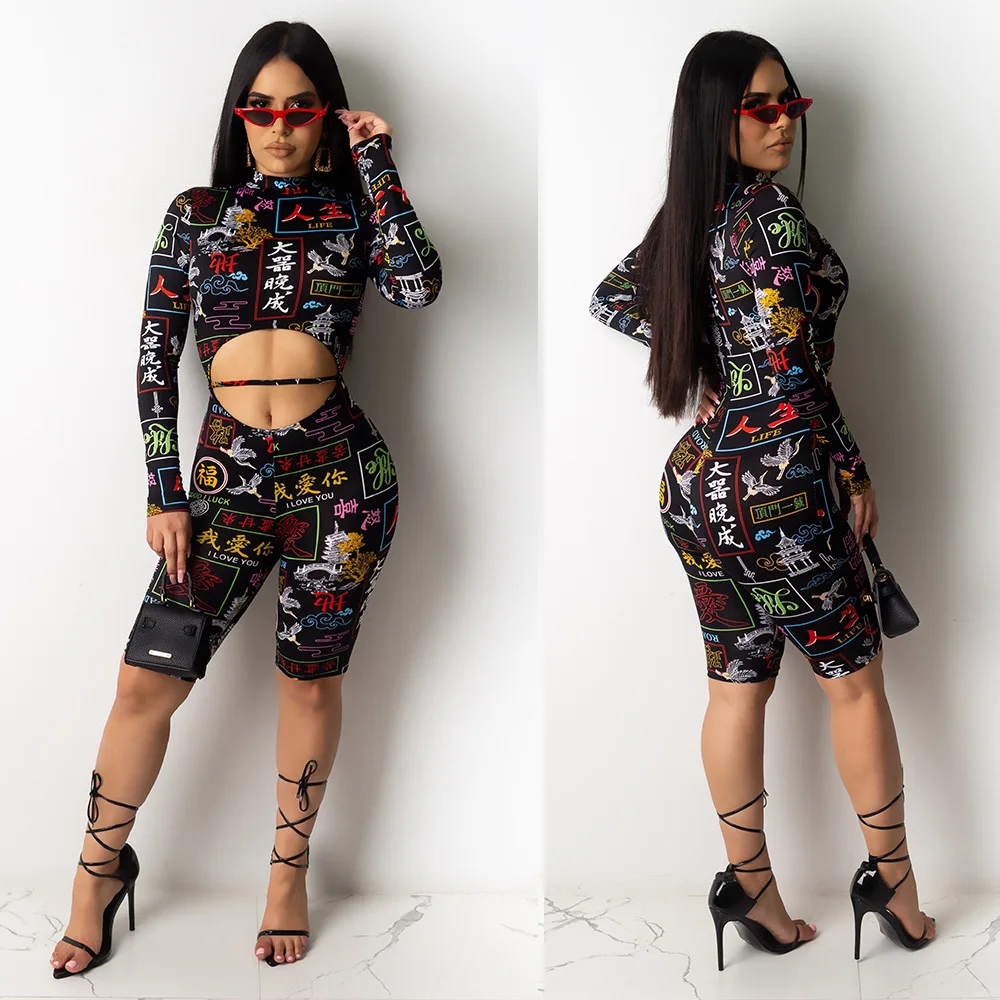 ANJAMANOR Sexy Print Rompers Womens Fashion Spandex One Piece Bodycon Jumpsuit Club Outfits 2020 Clothes for Women D35-AD22