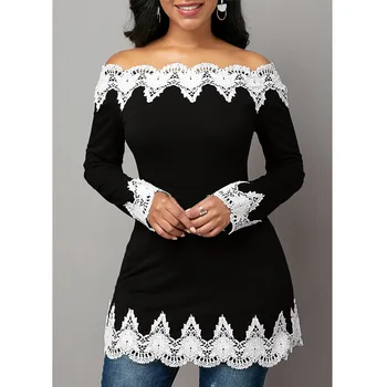 

Vintage Women Blouses shirts Slash neck off shoulder long sleeve Lace hook flower Slim Waist Tops