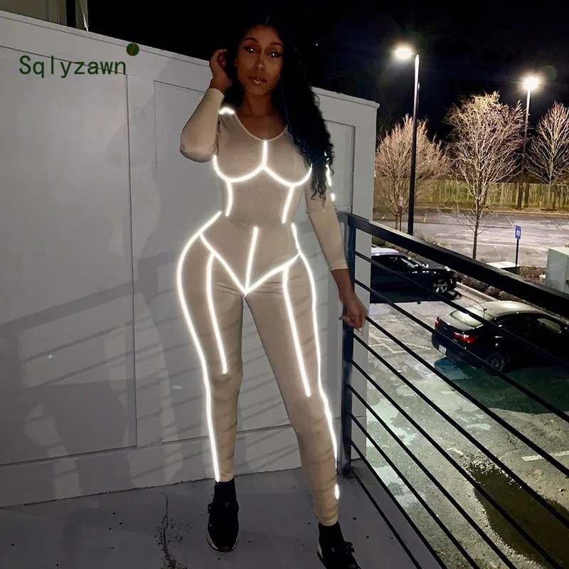 

2019 Women Sexy Spoty Bodycon Jumpsuit Neon Color Skinny Bodysuit Reflective Striped Patchwork Work Out Rompers Fitness Outfit