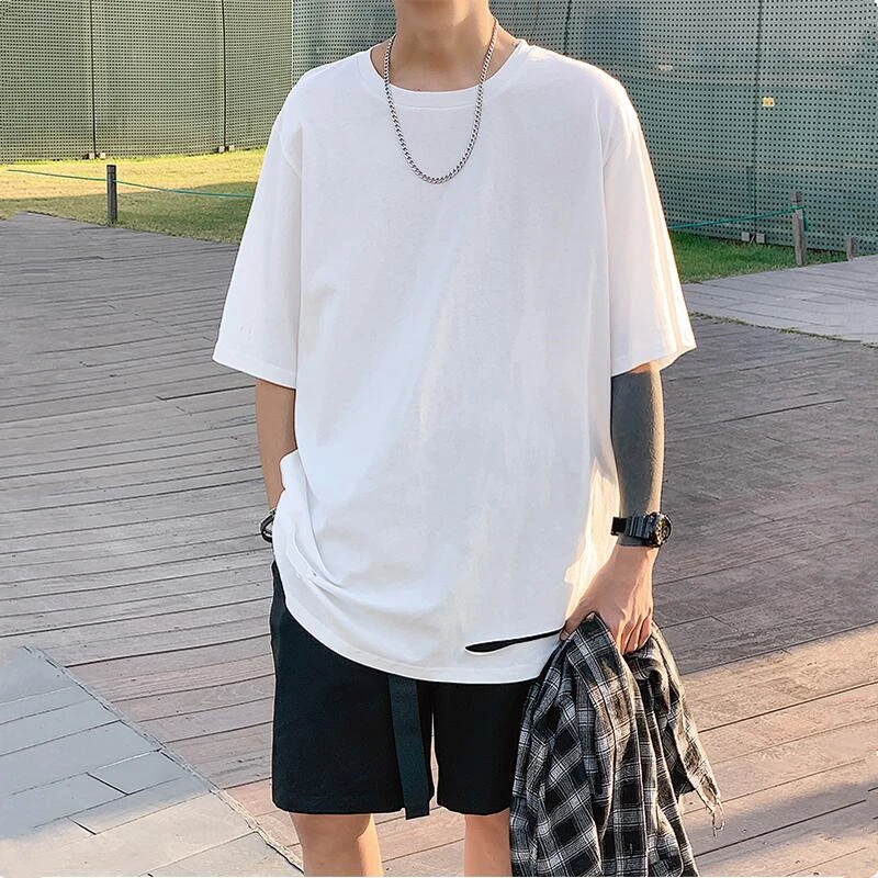 

Men's new summer Korean urban youth simple fashion casual short sleeves loose large size hole T-shirt