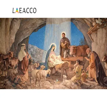 

Laeacco Oil Painting Nativity Scene Jesus Birth Christian Barn Sheep Party Photo Backgrounds Photography Backdrop Photo Studio