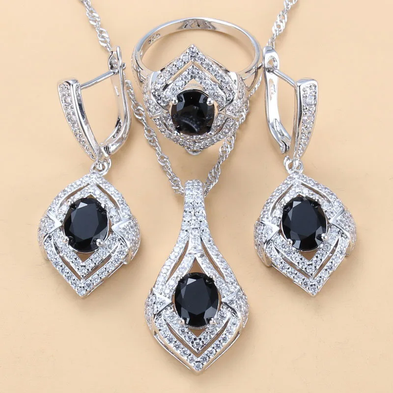European And American Fashion Dinner Accessories 925 Sterling Silver Black Zircon Jewelry Sets For Women Free Gift Box - Metal color: 3PCS