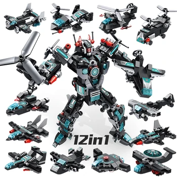 

12 IN 1 Transfomation Super Pioneer Robot Building Blocks Set Helicopter Aircraft Drone Bricks Compatible Juguetes