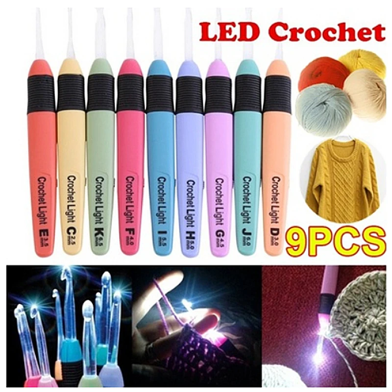 

9 pcs 2.5MM-6.5MM Led Light Up Crochet Hook Knitting Needles Weave Sewing Tool Accessories