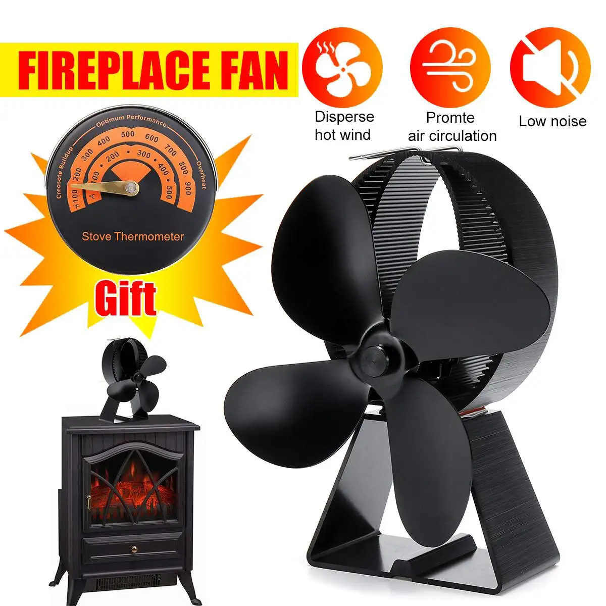 

4 Blades Heat Powered Stove Fan Log Wood Burner Ecofan Quiet Black Home Fireplace Fan Efficient Heat Distribution + Termometer