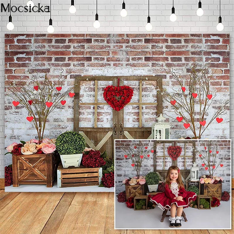 

Mocsicka Valentine's Day Cake Smash Photography Backdrops Red Brick Wall Rose Garden Photo Props Studio Booth Background
