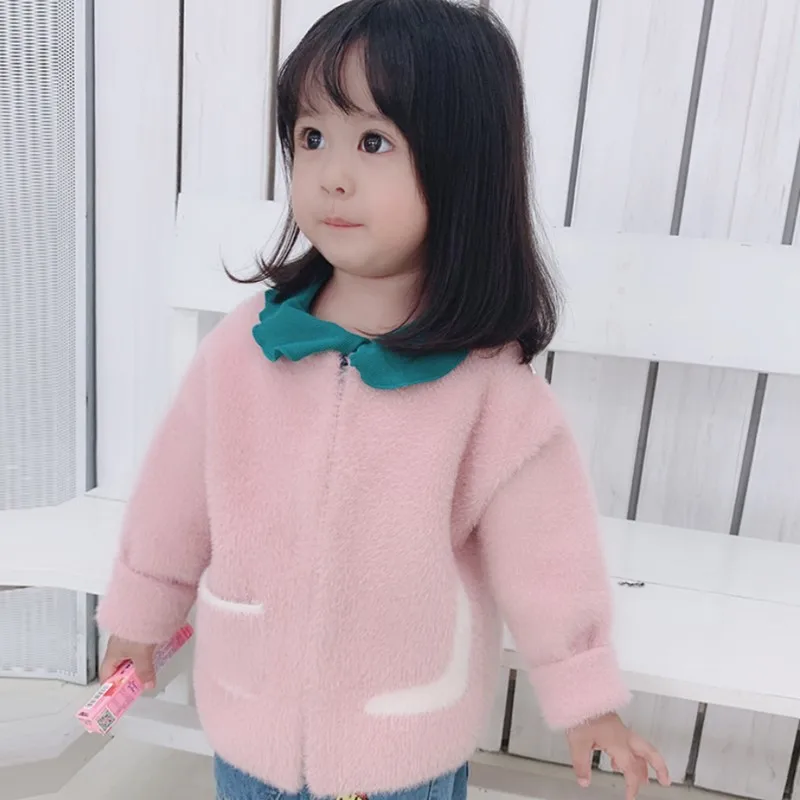 Коллекция года, зимний детский свитер для девочек, кардиган для девочек, модная кашемировая куртка из норки, корейский вязаный кардиган, пальто, одежда для девочек - Цвет: Розовый
