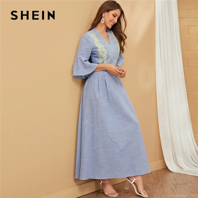 

SHEIN Blue V Neck Striped Embroidered Elegant Maxi Dress Women 2019 Autumn Flounce Sleeve Ladies Ruffle A Line Flared Dresses