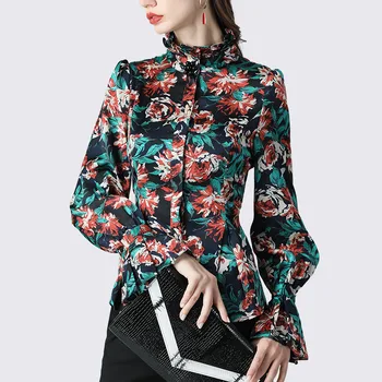 

Women Satin Blouse Fashion Full body Floral Printed Long Sleeve Stand Ruffled Collar Top New 2020 Spring Elegant Vintage Shirts