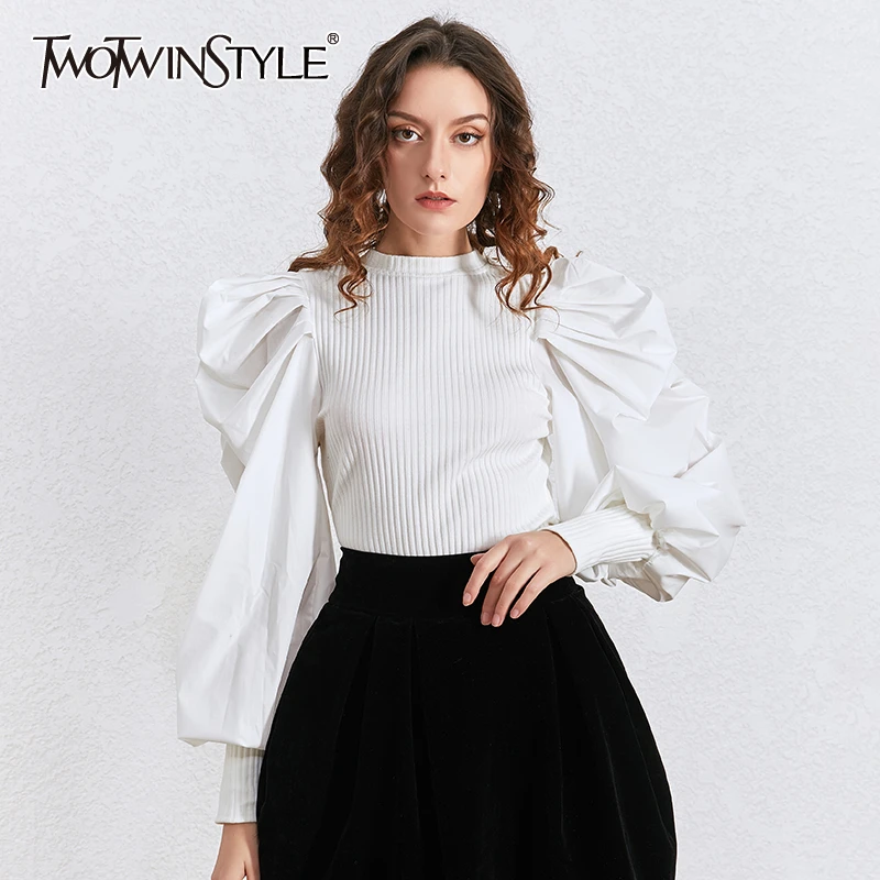 TWOTWINSTYLE Patchwork Knitted Sweater For Women Ruched Puff Long Sleeve O Neck Plus Size Sweaters Female 2020 Spring Fashion | Женская