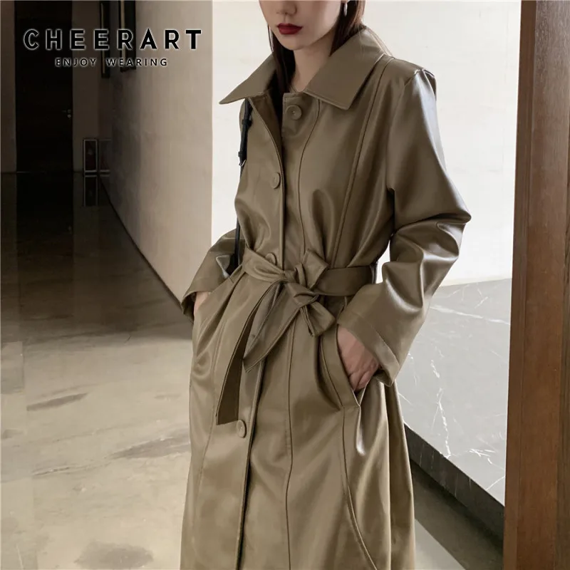 

CHEERART Long Leather Coat Lace Up Faux Leather Trench Coat Khaki Black Long Jacket Ladies Coats Autumn Women 2019
