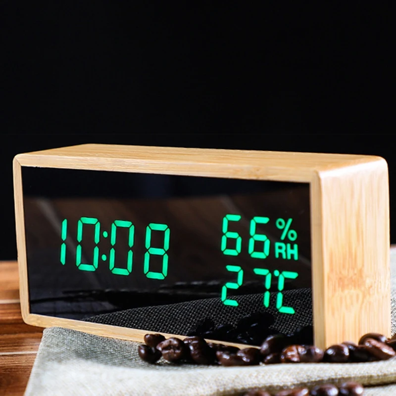 Бамбуковый цифровой будильник Регулируемая яркость Голосовое управление стол большой дисплей время температуры USB/батарея питание