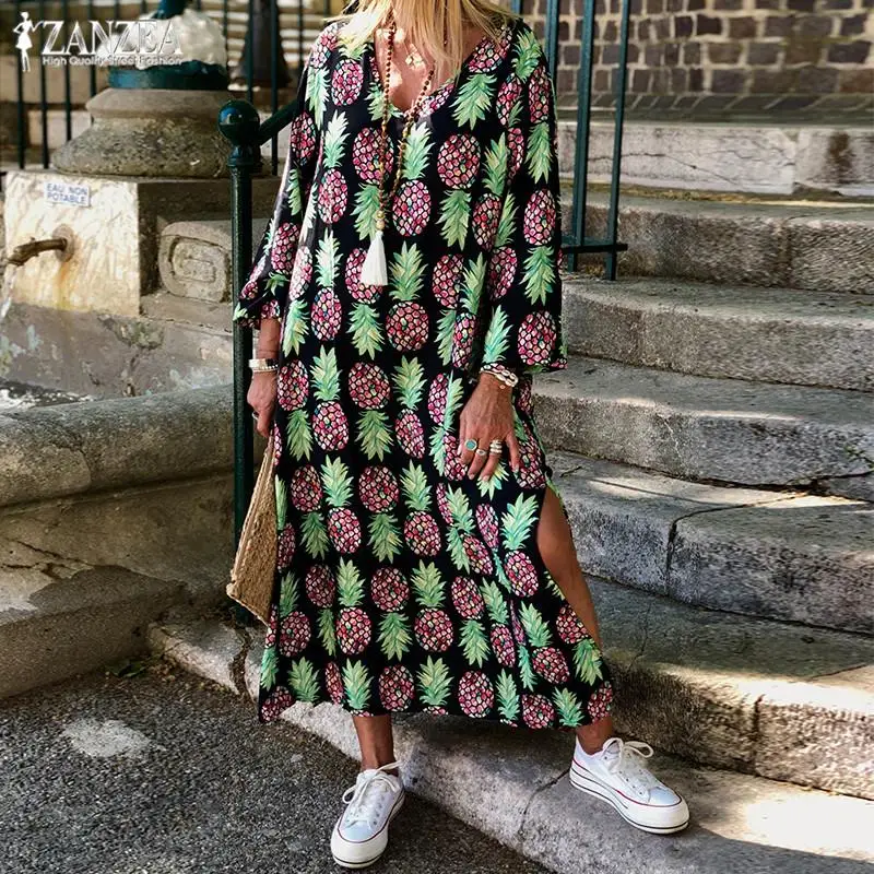 

2019 Plus Size ZANZEA Autumn Dresses Women Casual V Neck Long Sleeve Pineapple Print Split Party Maxi Dress Vestidos Femme Robe