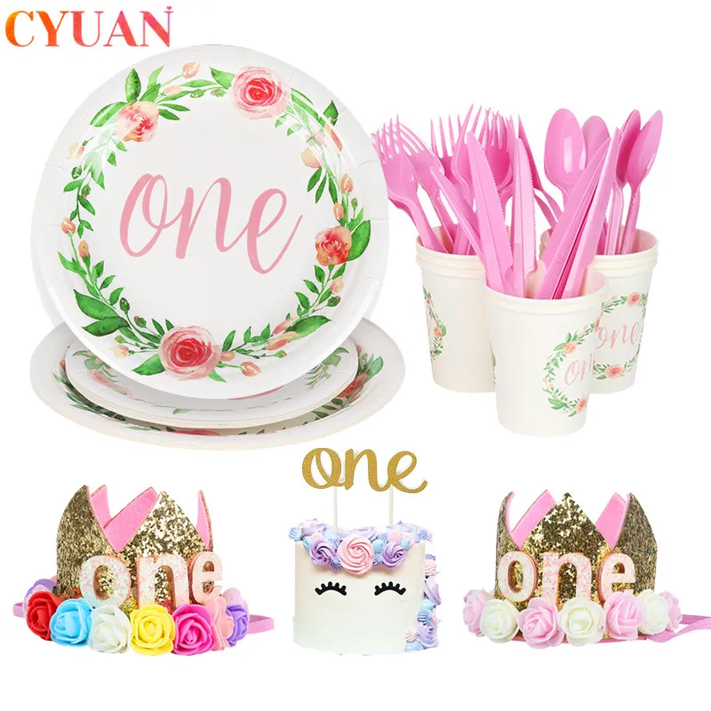 

Baby One Year Old Party Disposable Tableware Plate Cup Straw Birthday Party Decoration Kids Girl First 1st Birthday Decorations