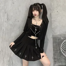 Las mujeres gótico de manga larga vendaje de cadena Tops otoño Slim ropa de calle con ajuste de encaje negro Top corto Harajuku gótico chaqueta