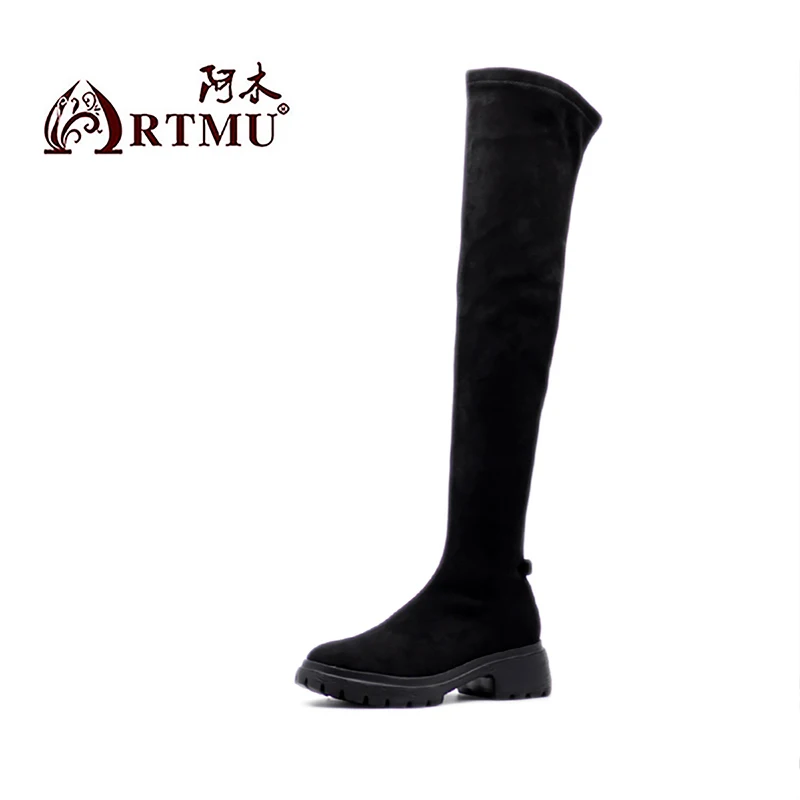 Artmu/оригинальные Сапоги выше колена на высоком каблуке; модная обувь на высоком каблуке с круглым носком; удобные женские высокие сапоги ручной работы из коровьей замши