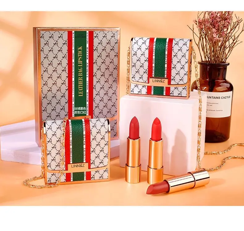 Bolsa de Luxo Matte Inovação Batom Diamante Laço Couro Conjunto 3 Pçs Wateproof Escuro Nude Ouro Metálico Halal 12 laço couro batom conjunto 3 pçs wateproof
