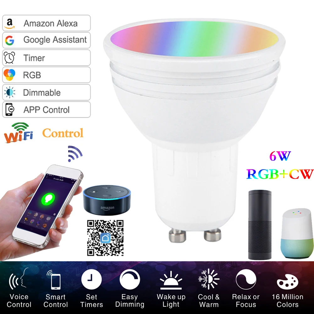 Smart WiFi Light Bulbs GU10 Multicolor Dimmable RGBW Work With with Alexa Google