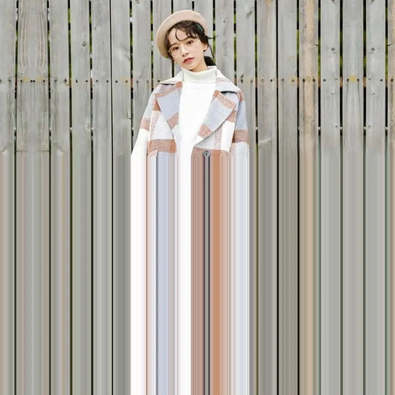 Женское осеннее кашемировое пальто-Тренч с отложным воротником, толстое теплое шерстяное пальто в клетку с карманами, повседневное длинное пальто на пуговицах