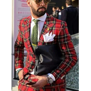 

Red Plaid Mens Suits for Wedding 2 Pieces Custom Made Groom Suits Slim Fit Wedding Tuxedos Jacket+Pants