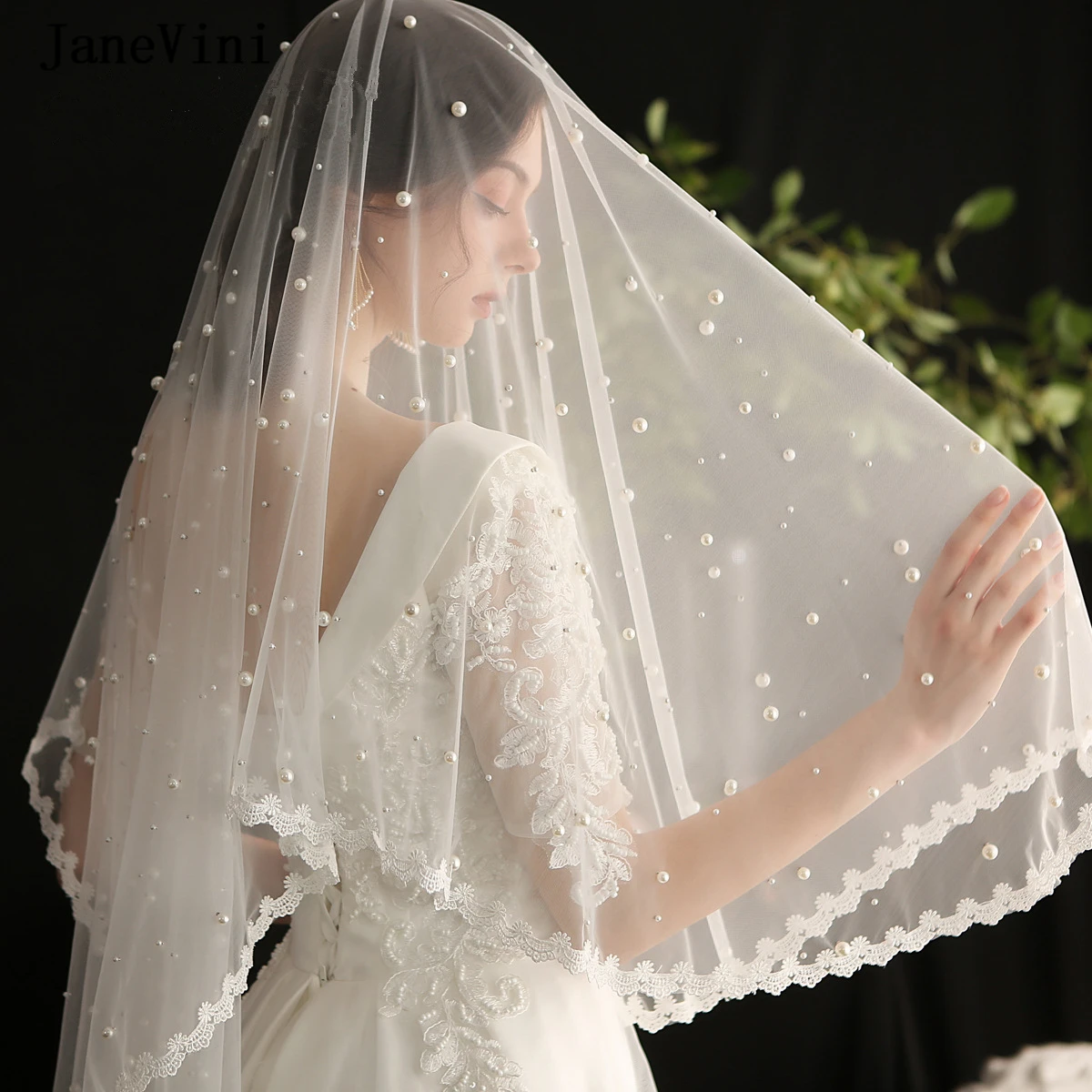 JaneVini 2021 Luxury Bride Veil Pearl One Layer Wedding Veils with Comb Lace Edge Soft Tulle Short Bridal Veil Hair Accessories janevini 2021 elegant 2 layers short bridal veils with comb lace appliques edge tulle welon ivory veil women wedding accessories