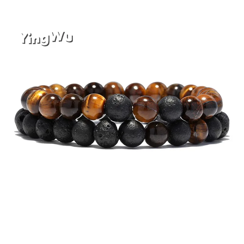 Yingwu 2 Pcs/set Natural Stone Beads Bracelet Charm Tiger eye Lava Couple Braclet For Men Women Lovers BFF Wristband Jewelry | Украшения и