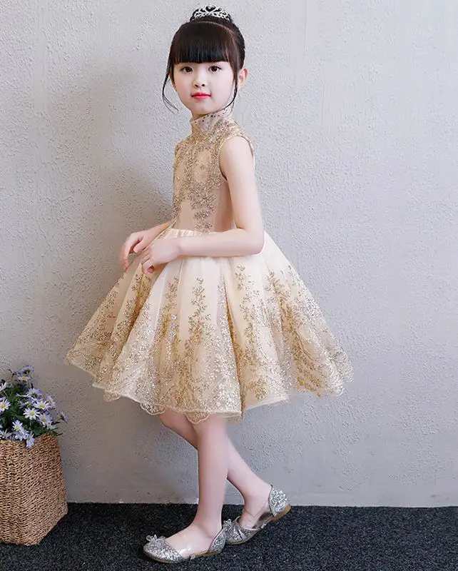 Блестящие платья для девочек с вышивкой; вечерние платья без рукавов с золотым воротником; одежда для малышей на свадьбу; От 1 до 10 лет; DJ001