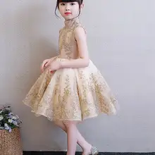 Блестящие платья для девочек с вышивкой; вечерние платья без рукавов с золотым воротником; одежда для малышей на свадьбу; От 1 до 10 лет; DJ001