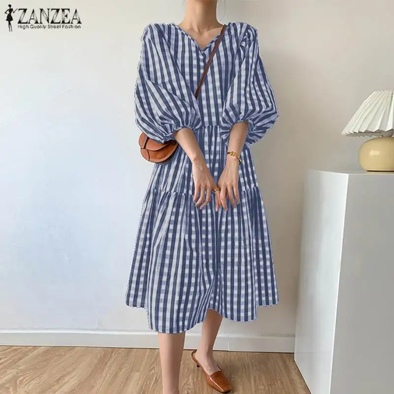 Stylish Summer Check Mid-Calf Dress ZANZEA Women's Puff Sleeve Sundress Vestidos Female V neck Casual Robe Femme Plus Size 5XL 7 Stylish Summer Check Mid-Calf Dress ZANZEA Women's Puff Sleeve Sundress Vestidos Female V neck Casual Robe Femme Plus Size 5XL 7