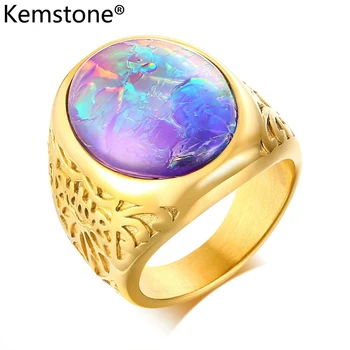 

Kemstone Stainless Steel Opal Stone Gold Color Fashion Men Ring Jewelry Gift