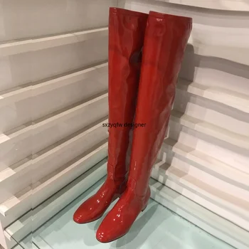 

Red Patent Leather Round Toe Square Heel Women Knight Boots 2020 Nude Suede Low Heel Cozy Slip-on Over-the-knee Women Long Boots