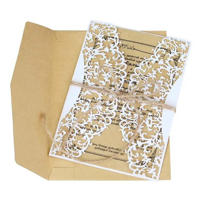  10pcs/set Laser Cut Wedding invitations Cards Lace Burlap Tie Invite Envelopes Kit For Engagement B - 4.00027E+12