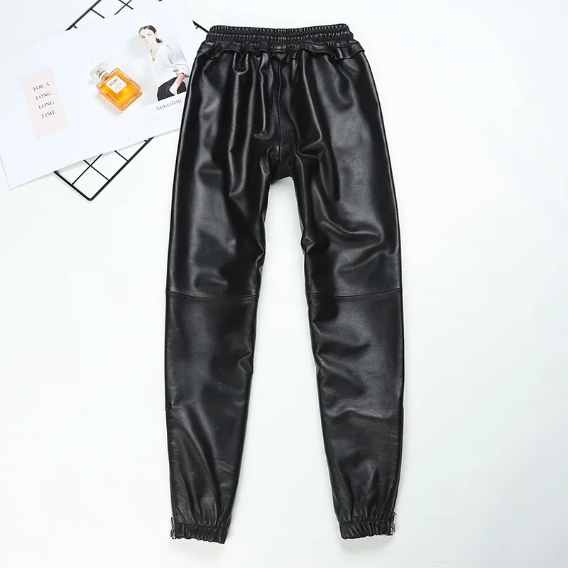 Real Leather Pants Striped Stitching 