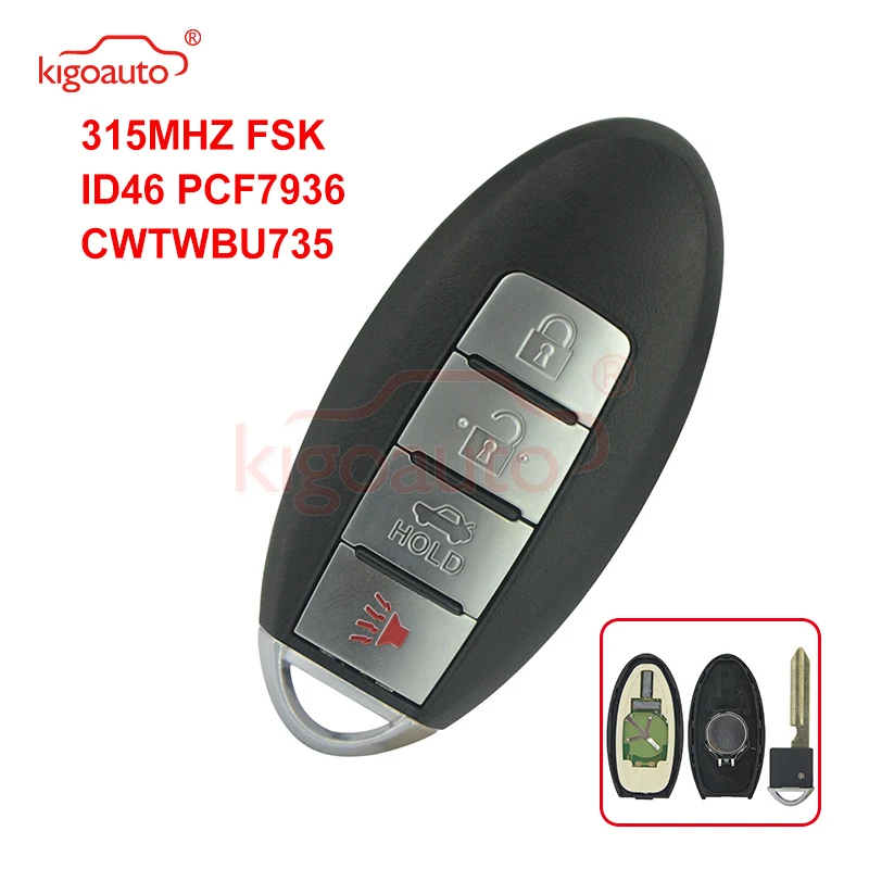 Kigoauto CWTWBU735 4 кнопки 315 МГц FSK ID46 PCF7936 смарт-ключ для Nissan Maxima Sentra w/ Prox 2007 2008 2009 |