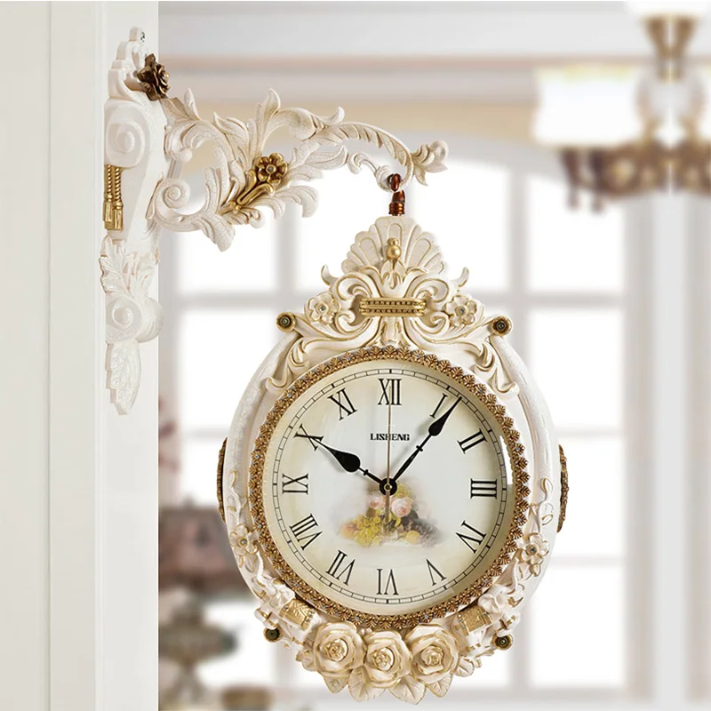 

TUDA Living Room Home European-style Double-sided Creative Art Mute Wall Clock Porch Large Retro Decorative Quartz Clock