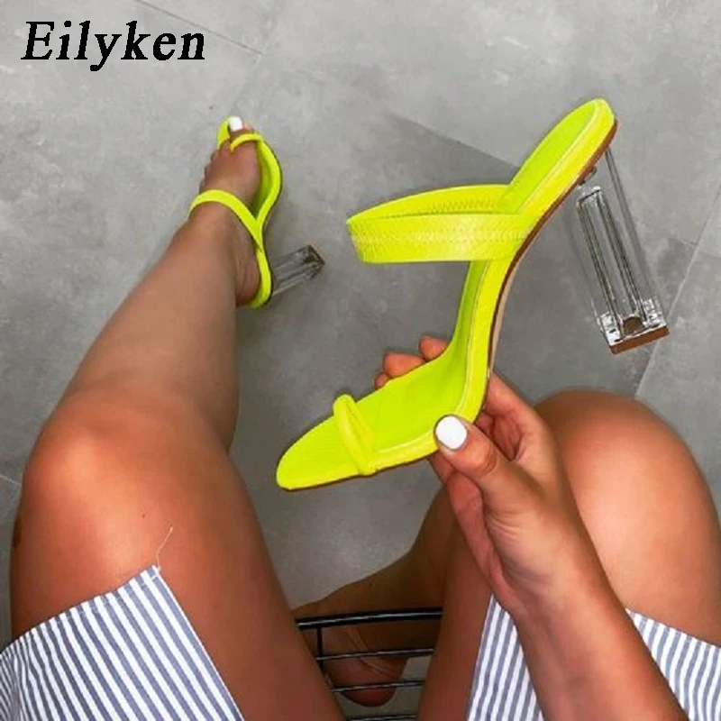 

Eilyken 2020 New Summer Slippers Sandals Open Toed Sexy Transparent Crystal Square heel Women Slippers Slides Pumps