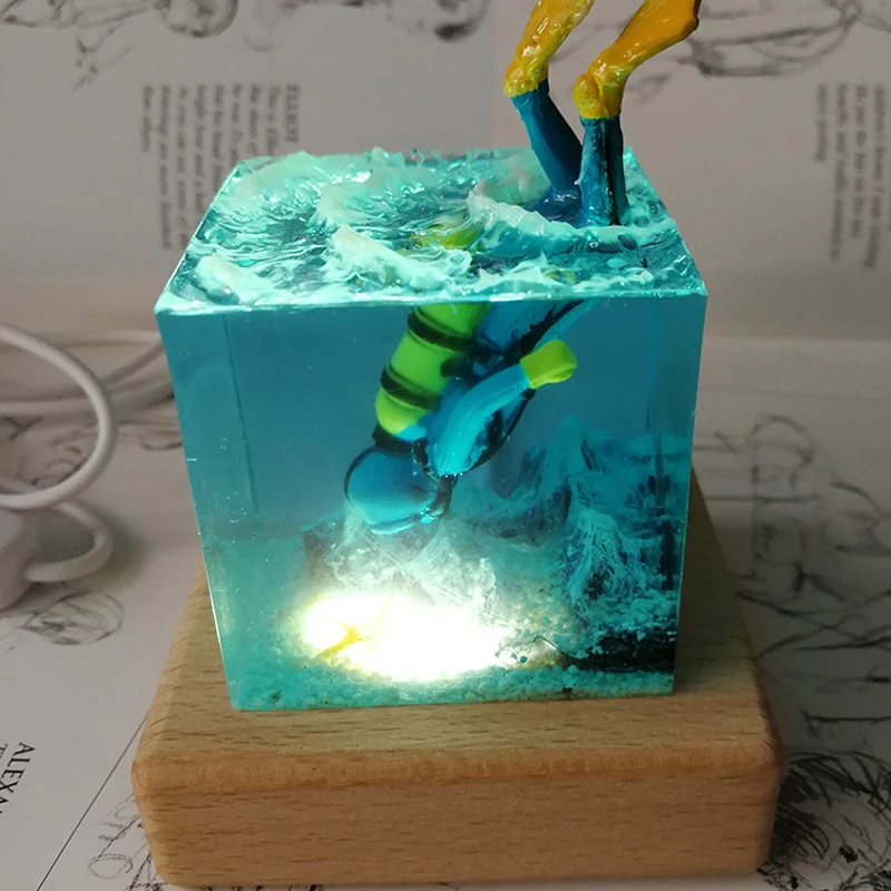 Ocean epoxy lamp sunken plane Resin underwater scenic Deep sea diver gift Table night light Scuba diver lamp