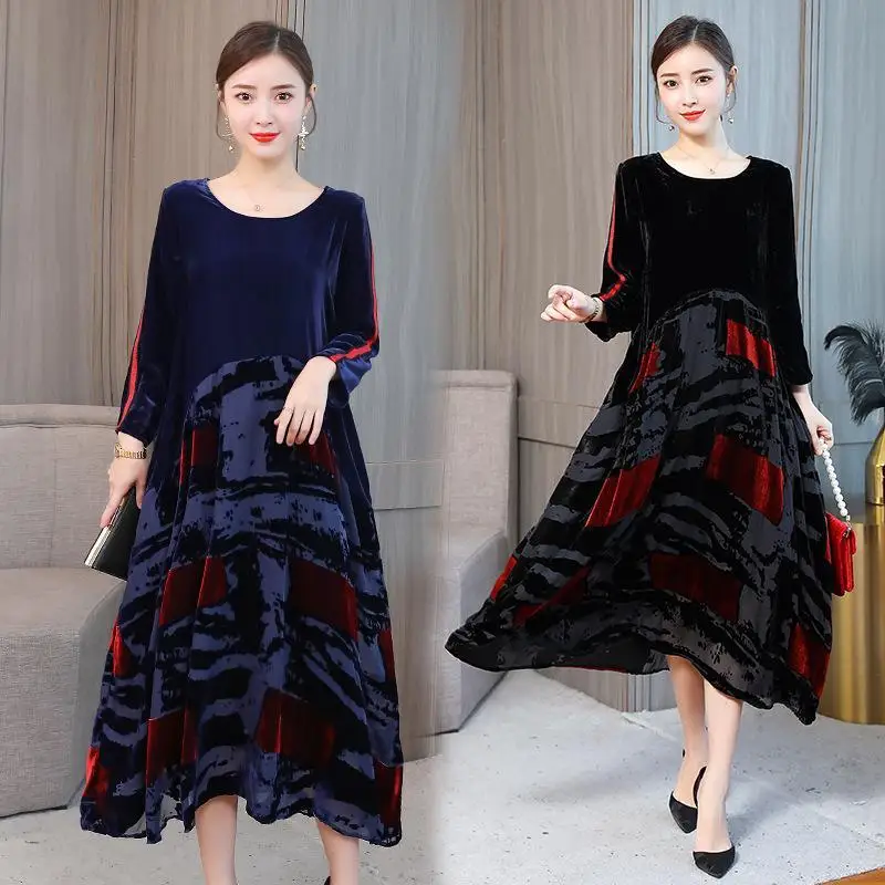 

M-4XL plus size maxi dress velvet elegant women winter dress big size long sleeve print casual long dress vintage large vestidos