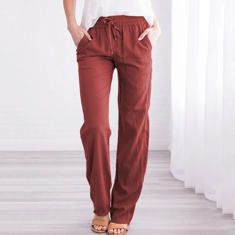 

Women Loose Long Trousers Cotton Linen Drawstring Pants With Pocket 2020 Casual Wide-Leg Pants Female Autumn Training pants