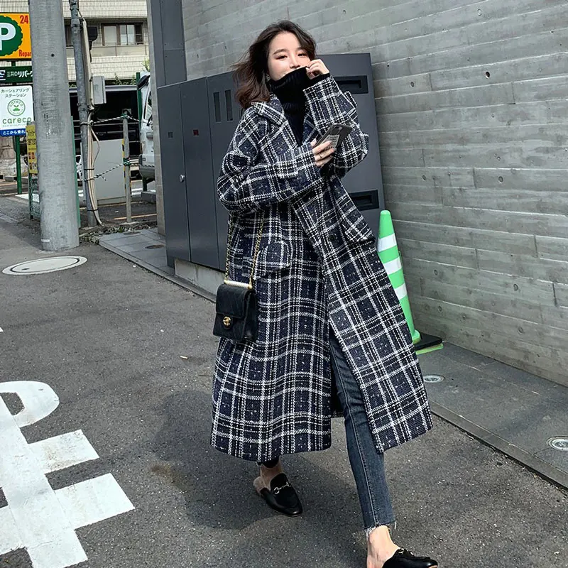 New Autumn Winter Women Long Wool Blends Jackets Loose Tweed Plaid Trench Coats Outerwear Oversize | Женская одежда