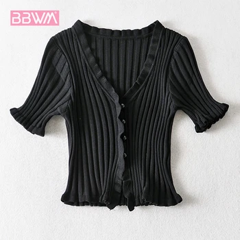 

Korean Version of The Retro Sexy Sexy Slim Slim Short Knit Female Shirt Slim-fit Navel Short Sleeves Chic Women's Tops
