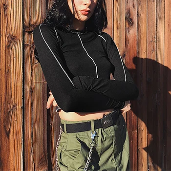 

Women's Long Sleeve Slim Fit Black Street Stylish Cool Black T-Shirt Short Stretch Pullover Tee Crop Tops hip pop 2020 tshirt