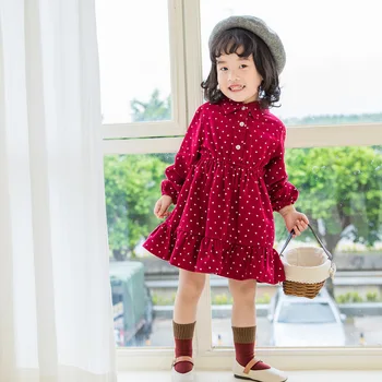 

New Fashion Red Color Polka Dot Mini Dresses Baby Girls Ruffles Toddler Kids Princess Dresses Children Party Clothing Autumn