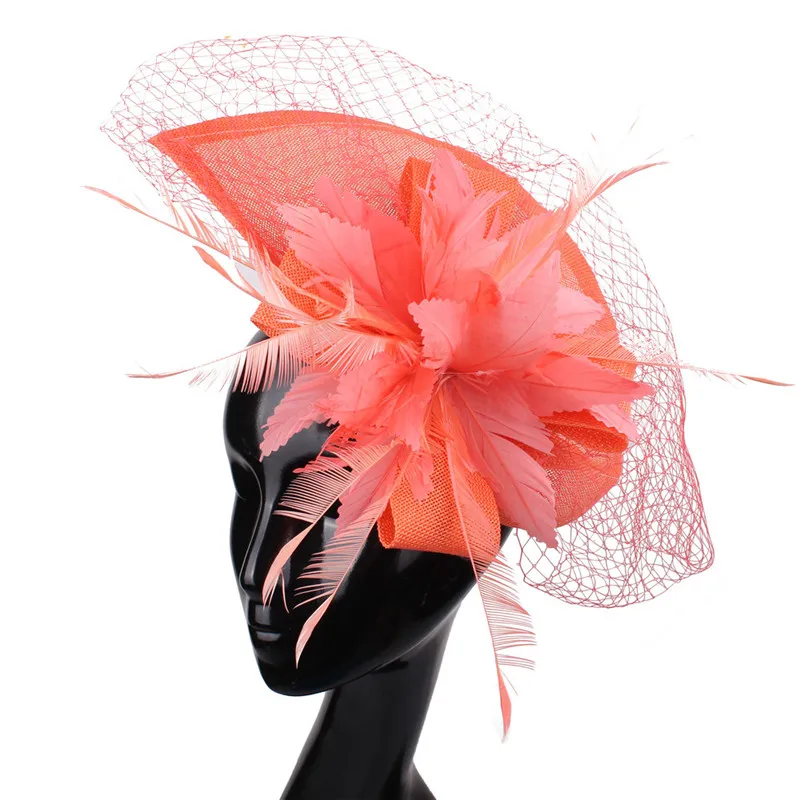 Имитация Sinamay Темный персик дамы вуалетки шляпа Свадебные винтажные аксессуары для волос перо цветок церковь коктейль головные уборы