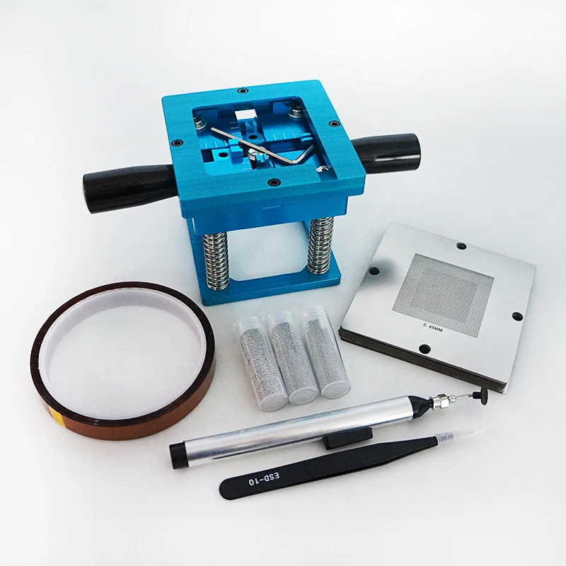 

BGA 90MM Reballing Jig Blue with Handle 29pcs Template Holder Stencils 250K Tin Solder Ball ESD Tweezers Vacuum Pen FFQ-939