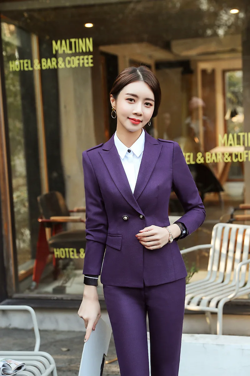 Purple Pants Set Женский элегантный деловой костюм с брюками для офиса, комплект из 2 предметов, женский костюм, комплект из блейзера и брюк, деловая форма, одежда - Цвет: Purple Pants Set
