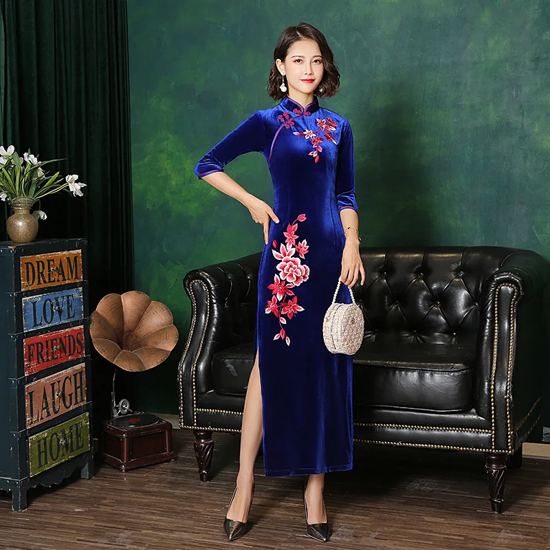 Новое поступление, женское велюровое длинное платье Cheongsam, модное платье в китайском стиле, элегантное тонкое платье Qipao Tang, одежда размера плюс M-6XL